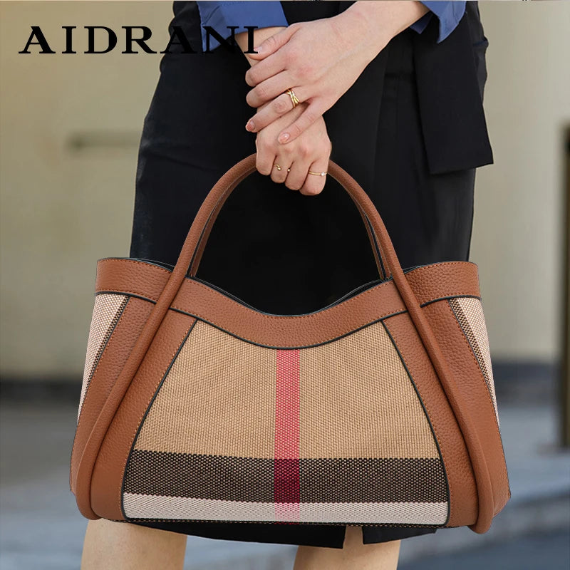 Retro Checkered Handbag – Large Capacity Canvas & Genuine Leather Tote for Women