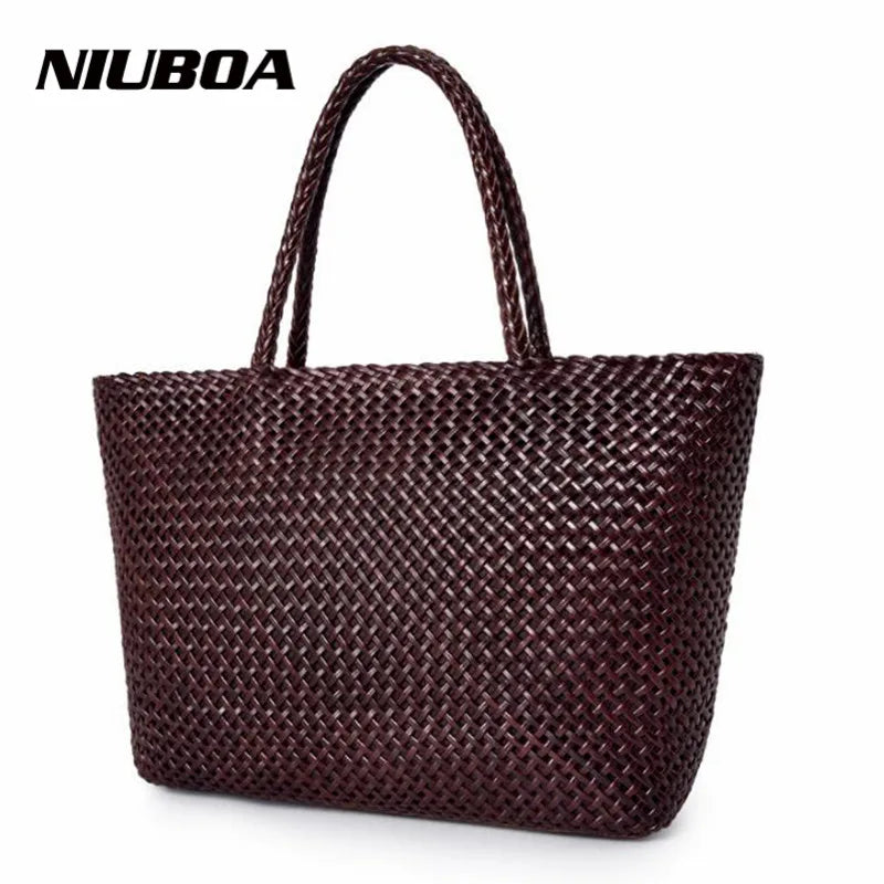 Romantic Woven Leather Tote – Handmade Cowhide Bucket Bag for Women’s Beach & Holiday