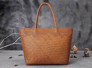 Romantic Woven Leather Tote – Handmade Cowhide Bucket Bag for Women’s Beach & Holiday