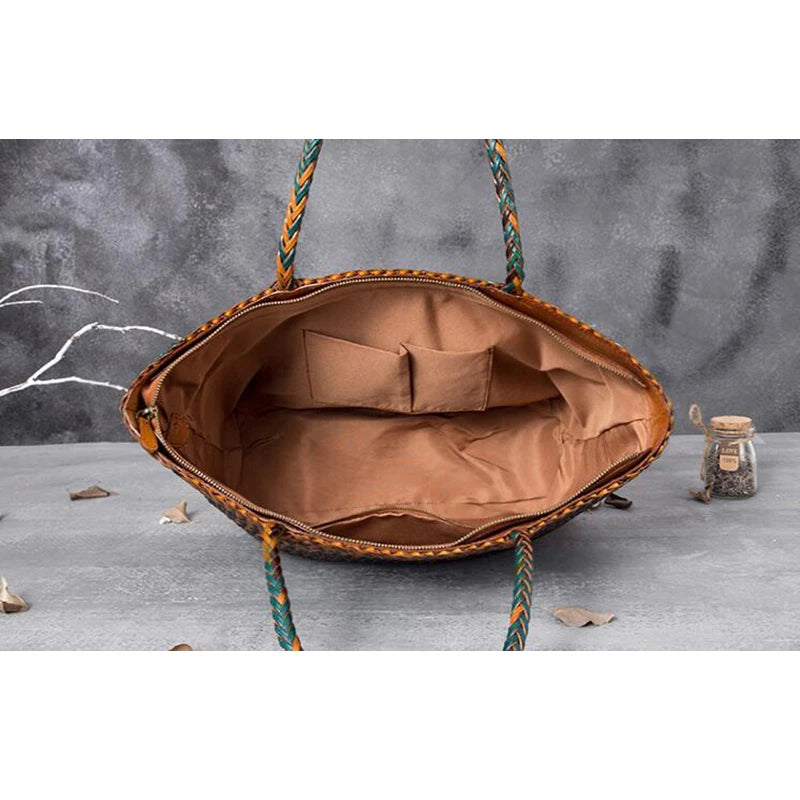 Romantic Woven Leather Tote – Handmade Cowhide Bucket Bag for Women’s Beach & Holiday