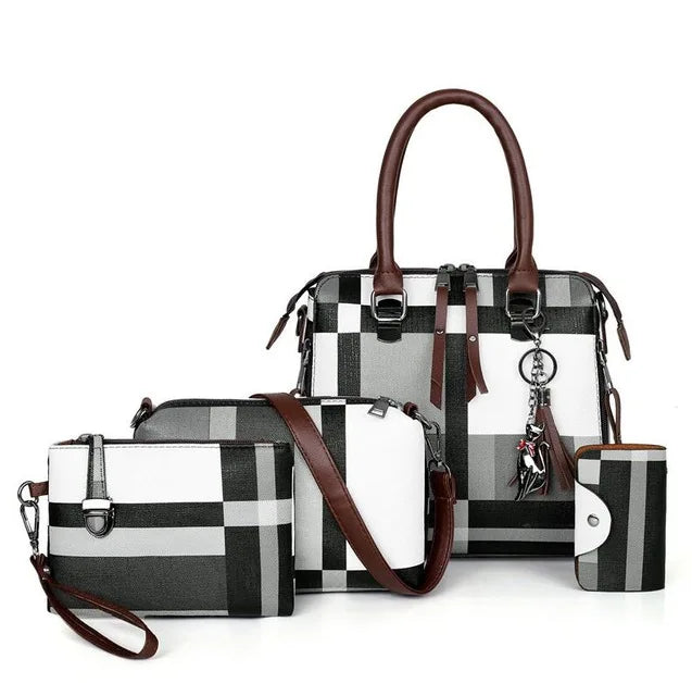 Plaid Tassel Handbag Set – 4-Piece Designer Travel Tote