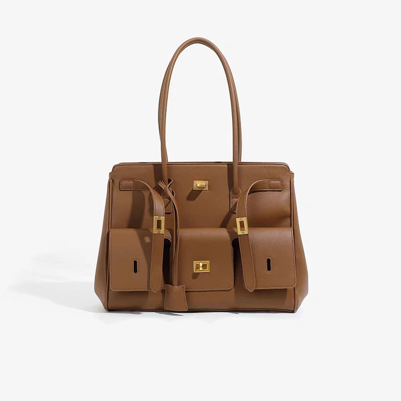 Black Genuine Leather Lock Tote – Trendy Winged Shoulder Bag for Women’s Daily Commute