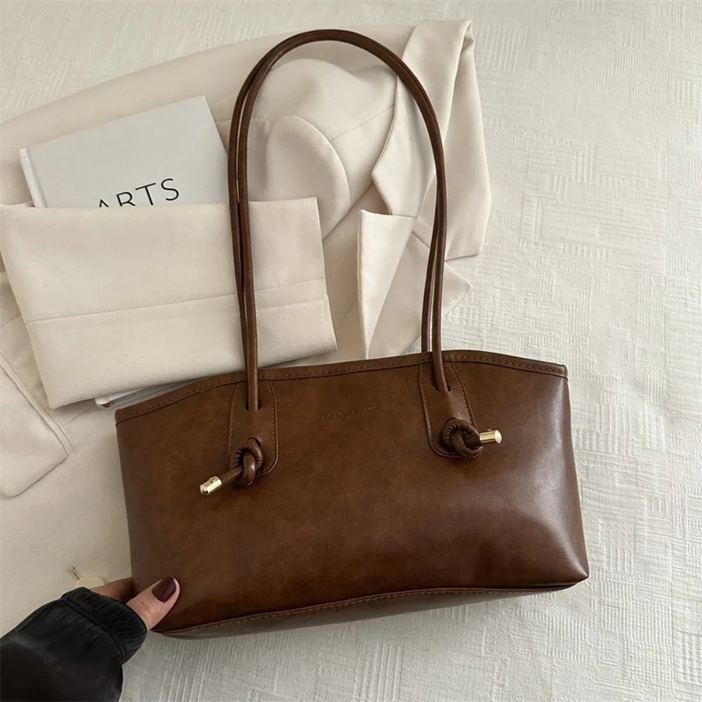 Y2K Solid Leather Tote – Large Capacity Work Shoulder Bag for Women