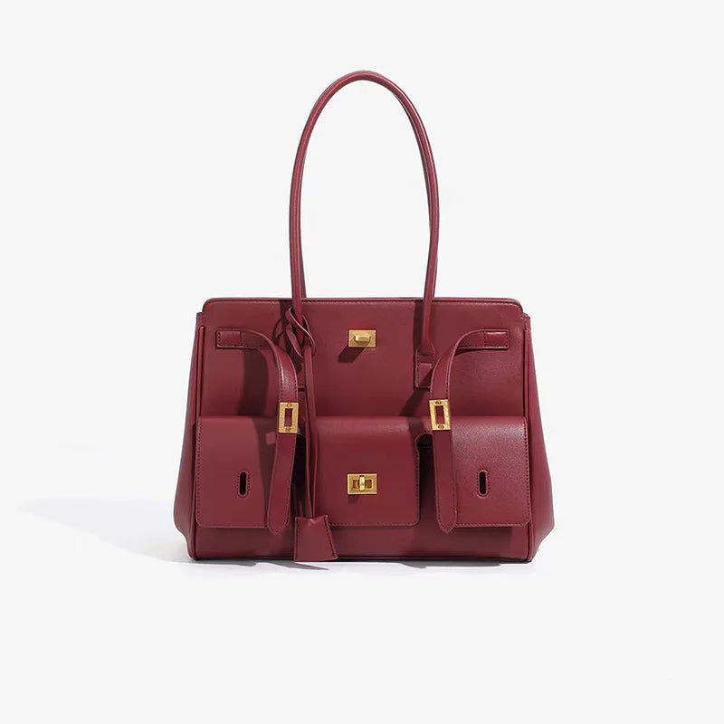Black Genuine Leather Lock Tote – Trendy Winged Shoulder Bag for Women’s Daily Commute