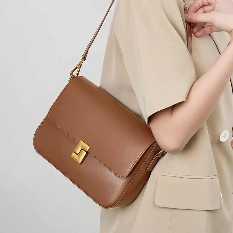 Versatile Cowhide Leather Crossbody – Fashionable Small Square Shoulder Bag for Women’s Commute