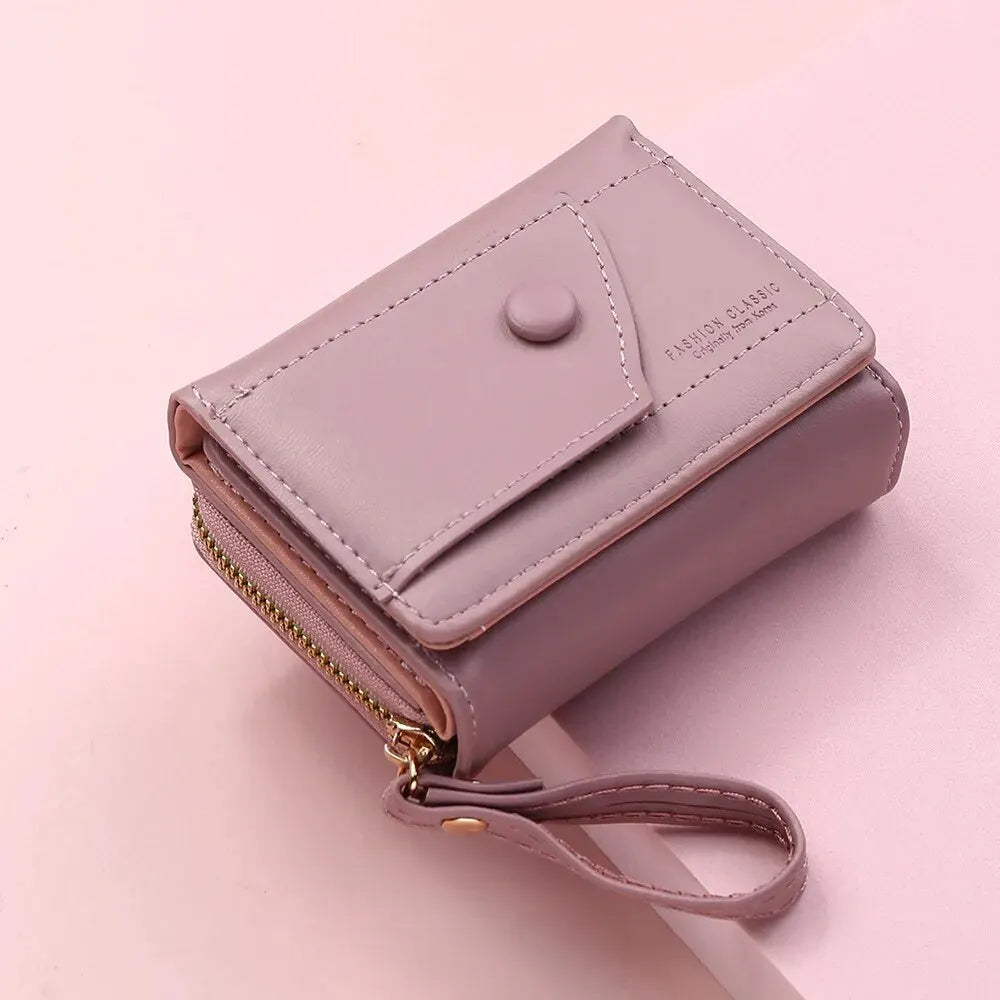 Four Seasons Women’s Short Wallet – Solid Color Zipper Clutch with Buckle for Girls & Students