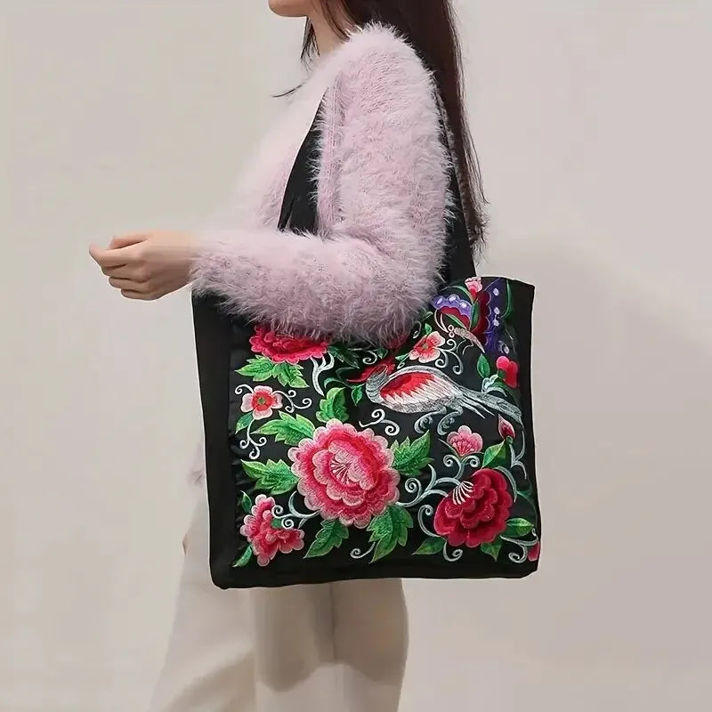 Ethnic Floral Embroidered Canvas Tote – Large Capacity Shoulder Bag for Women