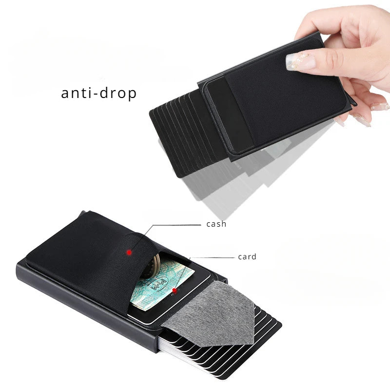 Automatic Flip Card Holder – Metal Anti-Theft Wallet with 12-Slot Side Push Design for Men