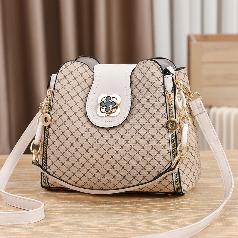 Luxury Check Print Bucket Bag – Flip Closure Shoulder & Crossbody Handbag for Women