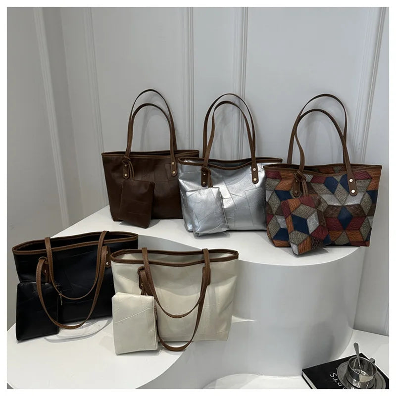 Vintage Patchwork PU Tote – Large Capacity Casual Shoulder Bag for Women