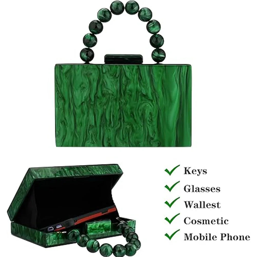 Luxury Pearl Marble Crossbody – Dark Green Acrylic Evening Bag for Women