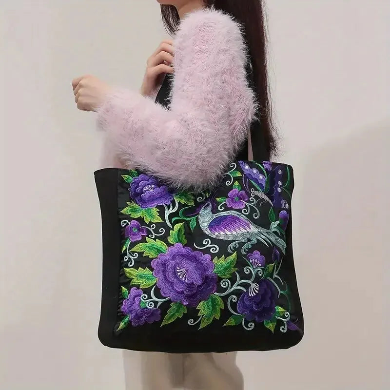Ethnic Floral Embroidered Canvas Tote – Large Capacity Shoulder Bag for Women