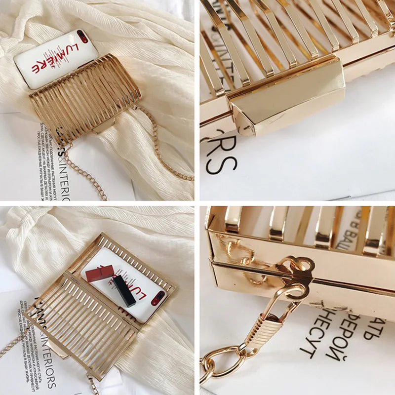 Gold Metal Cage Clutch – Luxury Chain Crossbody for Women’s Evening & Wedding
