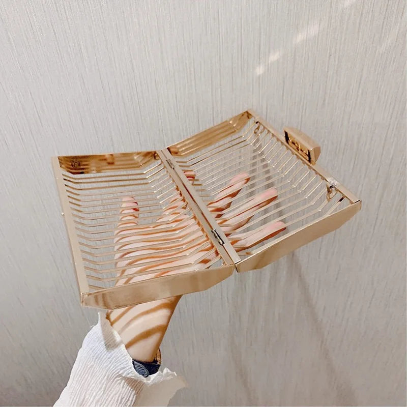 Gold Metal Cage Clutch – Luxury Chain Crossbody for Women’s Evening & Wedding