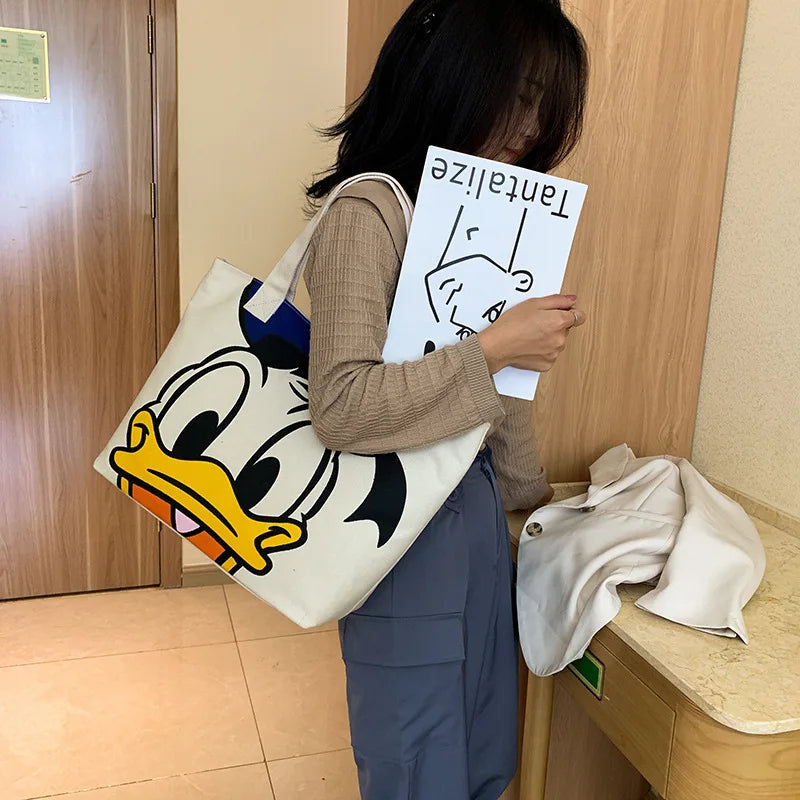 Disney Mickey & Donald Canvas Tote – Large-Capacity Fashion Shoulder Bag for Women
