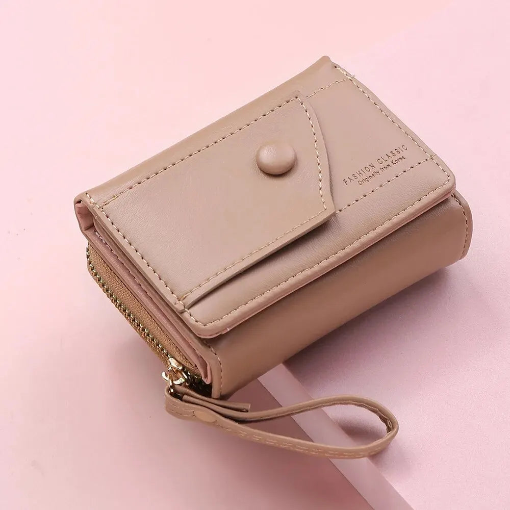 Four Seasons Women’s Short Wallet – Solid Color Zipper Clutch with Buckle for Girls & Students