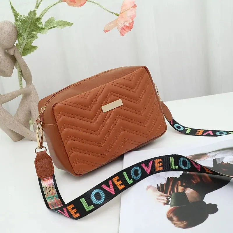 Rilibegan Embroidered Camera Bag – Versatile PU Leather Square Shoulder Bag with Printed Strap