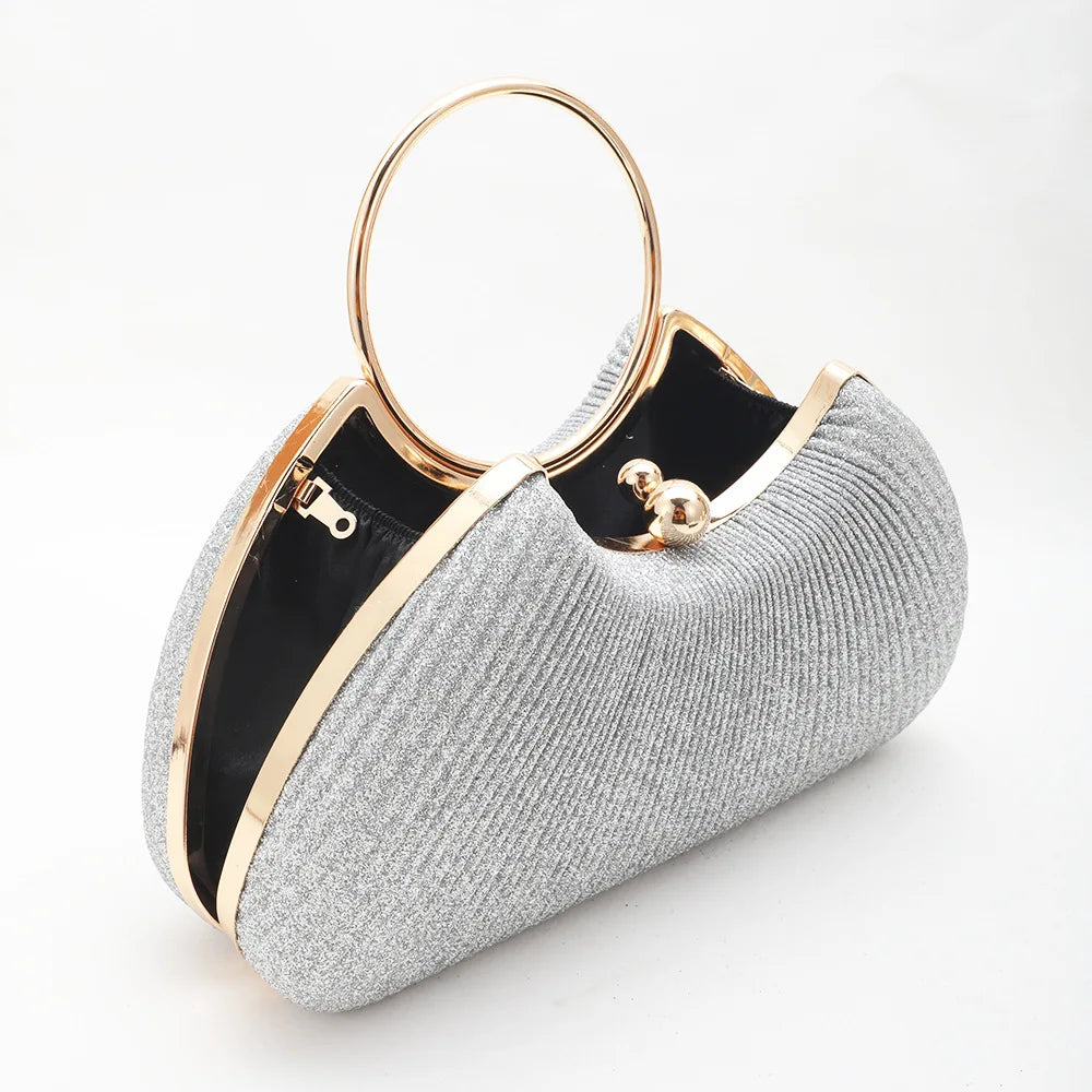 Silver Wrinkled Ring Clutch – Diamond-Studded Mini Evening Bag with Chain Strap