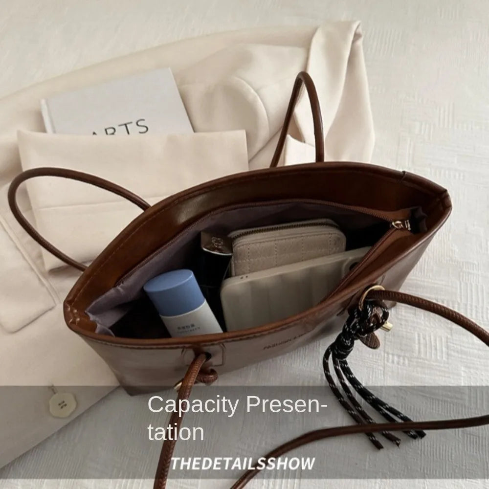 Y2K Solid Leather Tote – Large Capacity Work Shoulder Bag for Women