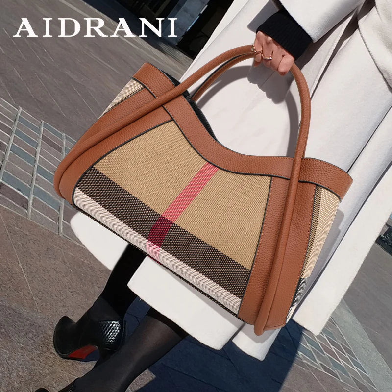 Retro Checkered Handbag – Large Capacity Canvas & Genuine Leather Tote for Women