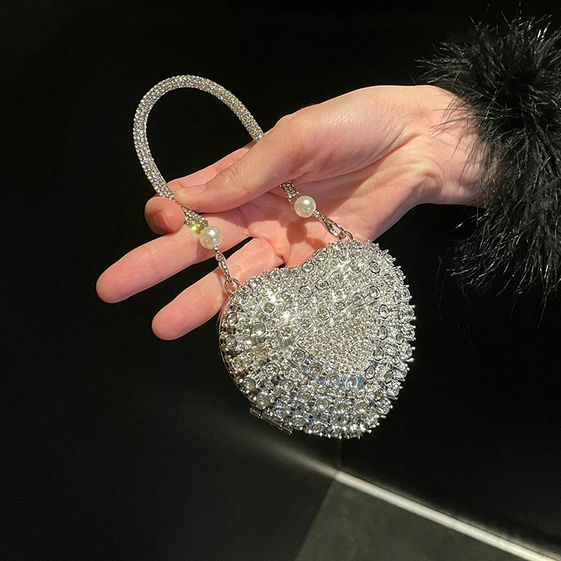 Luxury Bling Heart Clutch – Rhinestone Evening Bag with Chain for Women