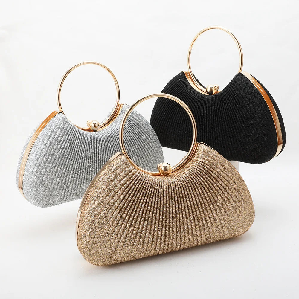 Silver Wrinkled Ring Clutch – Diamond-Studded Mini Evening Bag with Chain Strap