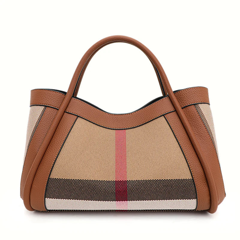 Retro Checkered Handbag – Large Capacity Canvas & Genuine Leather Tote for Women