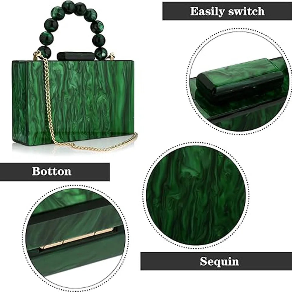 Luxury Pearl Marble Crossbody – Dark Green Acrylic Evening Bag for Women