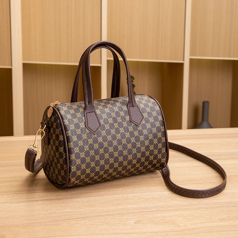 European Retro Boston Barrel Bag – Printed Large-Capacity Crossbody Handbag for Women