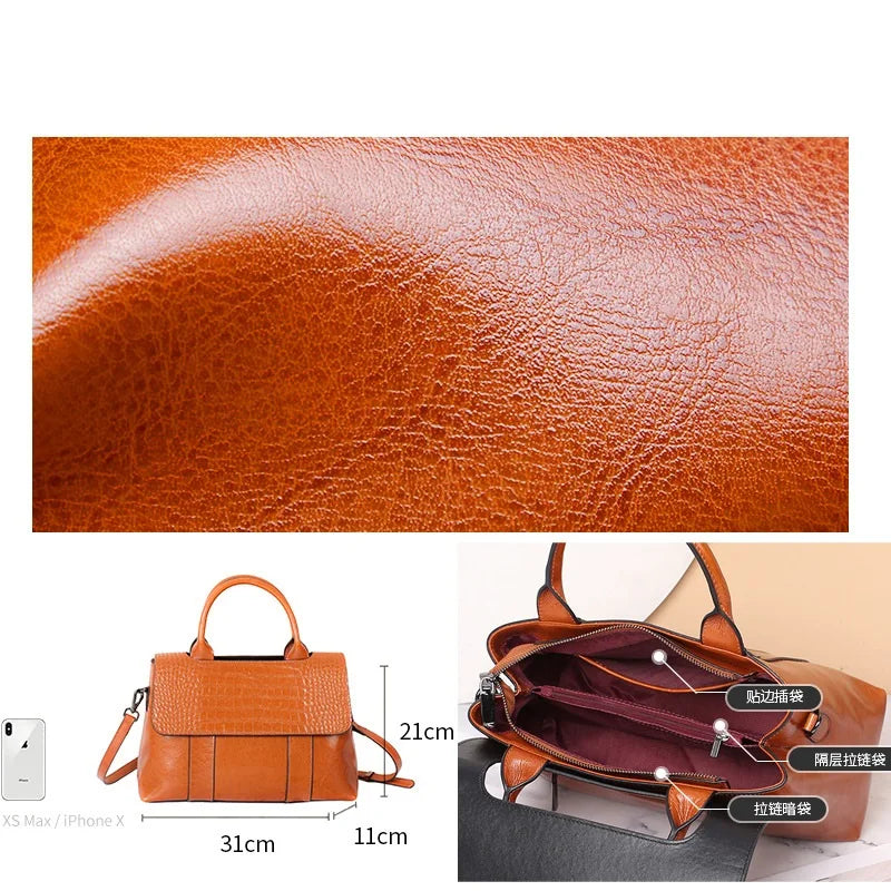 Genuine Cowhide Leather Tote – High-Quality Large Capacity Shoulder & Crossbody Bag for Women