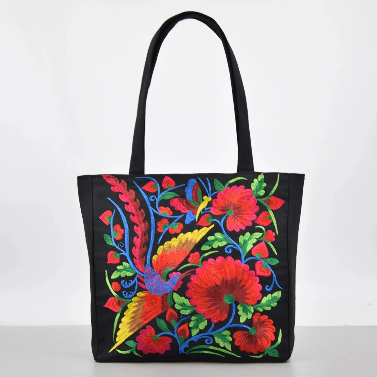 Ethnic Floral Embroidered Canvas Tote – Large Capacity Shoulder Bag for Women