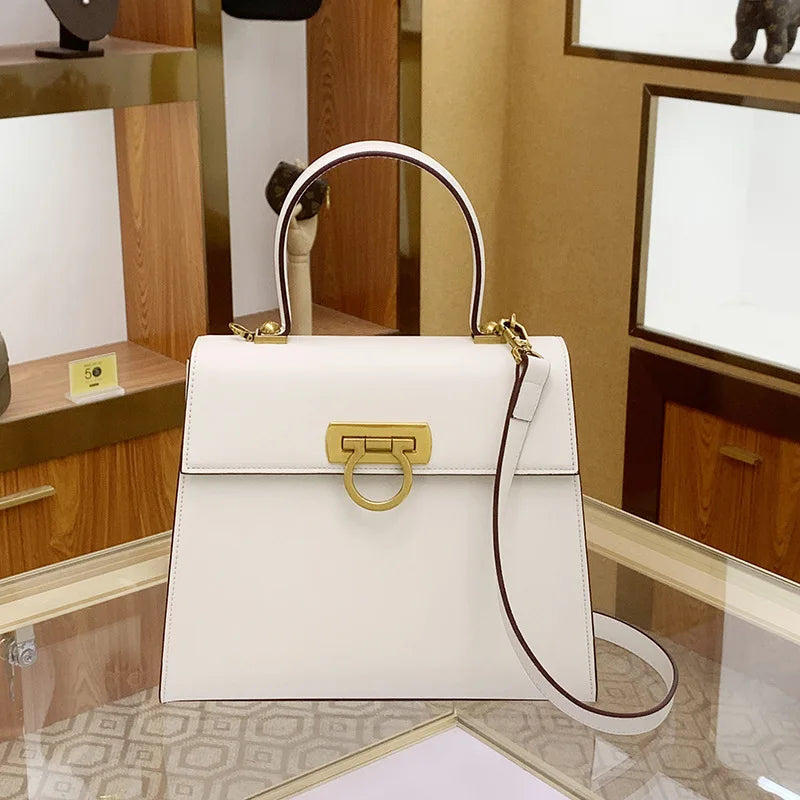 French Soft Leather Crossbody – Fashionable Kelly-Style Handbag with Horseshoe Buckle
