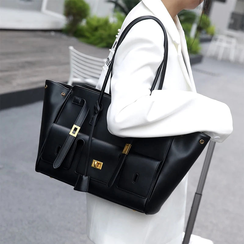 Black Genuine Leather Lock Tote – Trendy Winged Shoulder Bag for Women’s Daily Commute