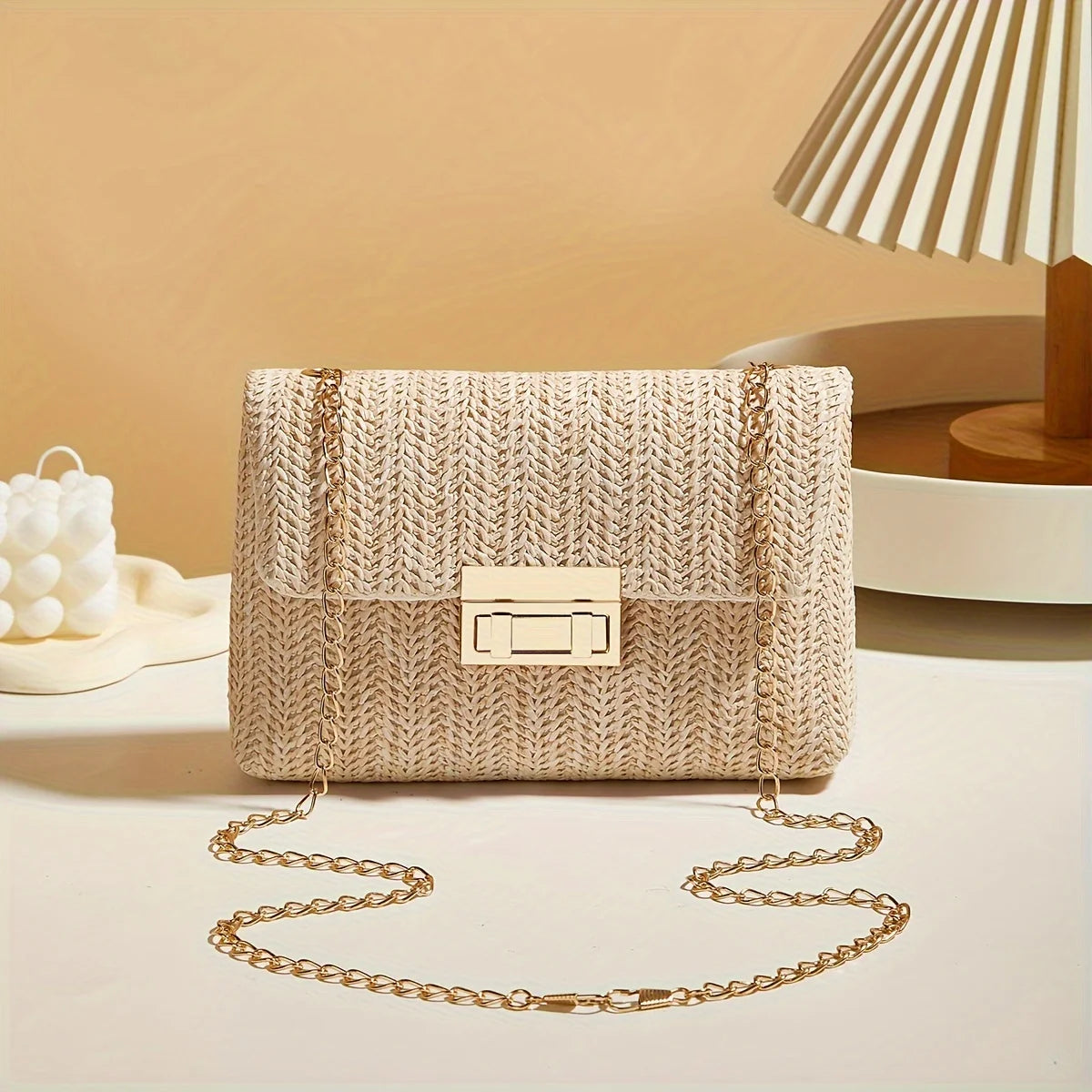 Woven Straw Shoulder Bag – Handwoven Solid Color Crossbody Purse with Lock Closure