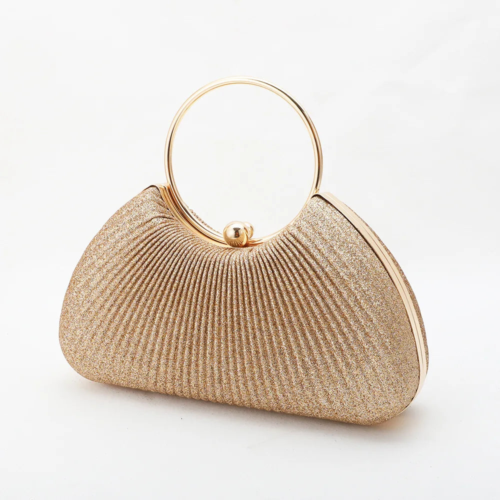 Silver Wrinkled Ring Clutch – Diamond-Studded Mini Evening Bag with Chain Strap