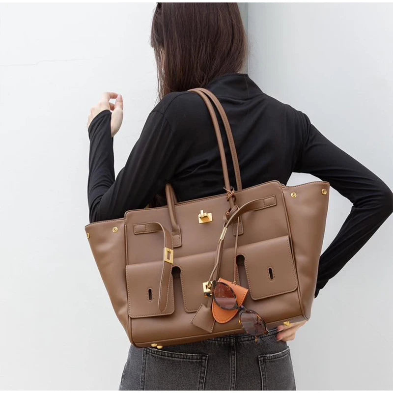 Black Genuine Leather Lock Tote – Trendy Winged Shoulder Bag for Women’s Daily Commute