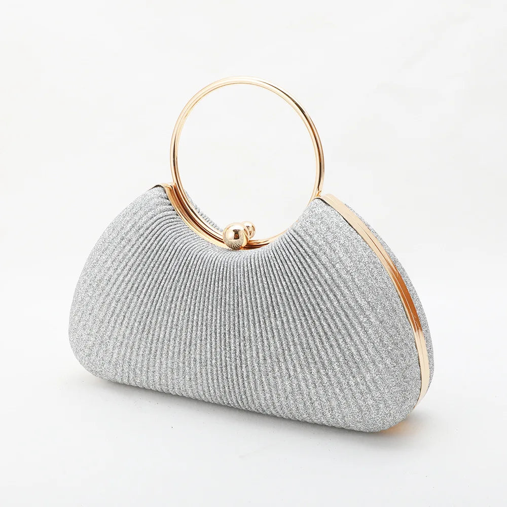 Silver Wrinkled Ring Clutch – Diamond-Studded Mini Evening Bag with Chain Strap