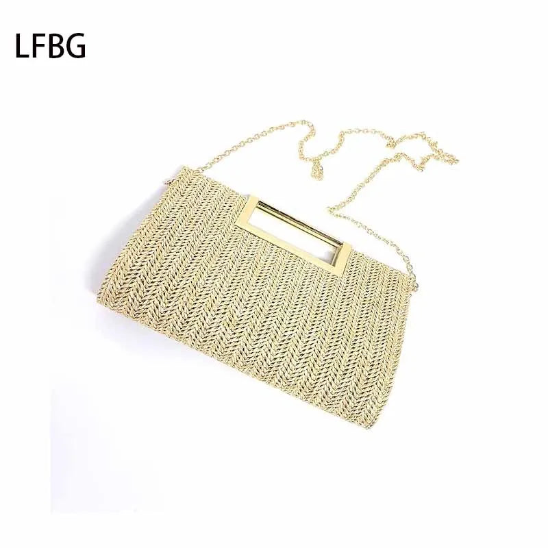 Straw Clutch Purse – Spring/Summer Handbag with Hollow Metal Chain