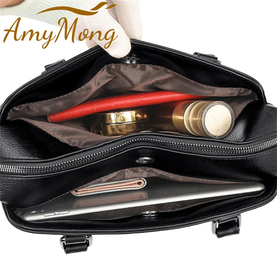 Multi-Pocket Soft Leather Tote – Luxury Designer Shoulder & Crossbody Bag for Women