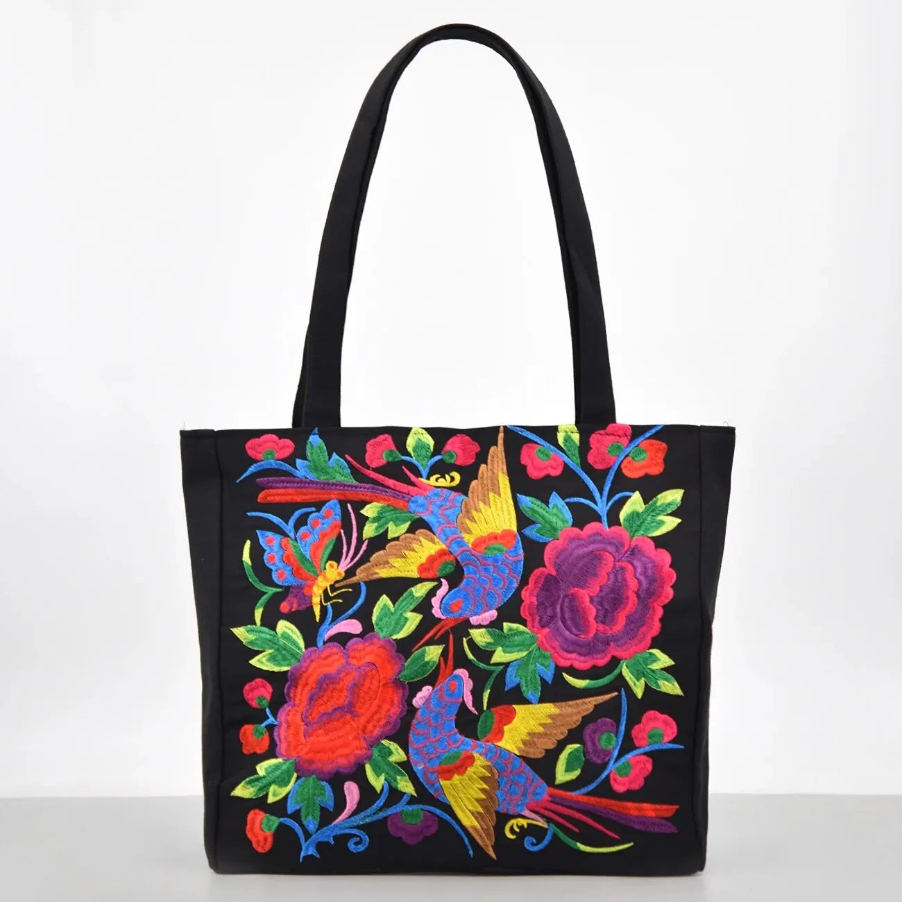 Ethnic Floral Embroidered Canvas Tote – Large Capacity Shoulder Bag for Women