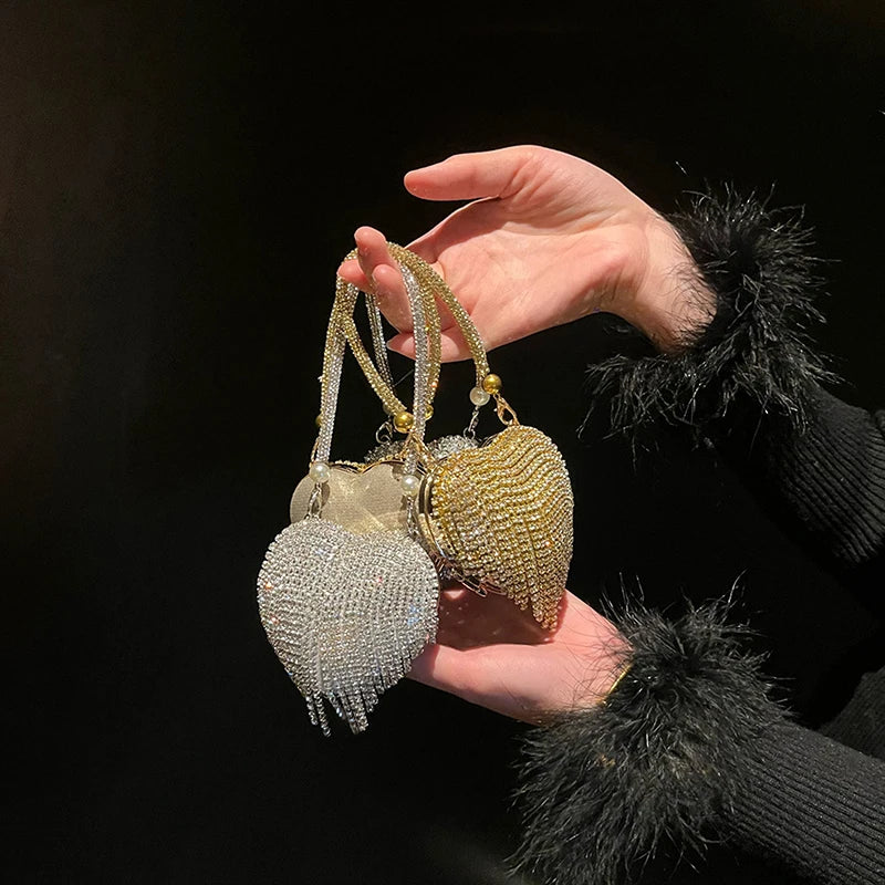Luxury Bling Heart Clutch – Rhinestone Evening Bag with Chain for Women