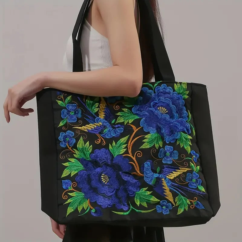 Ethnic Floral Embroidered Canvas Tote – Large Capacity Shoulder Bag for Women