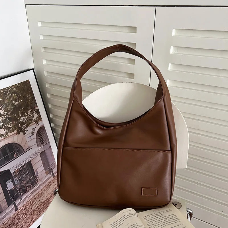 Women Hobo Bag Simple PU Leather Solid Shoulder Bag