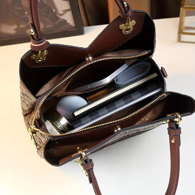 Vintage Floral Leather Tote – Luxury Fashion Crossbody Handbag for Women