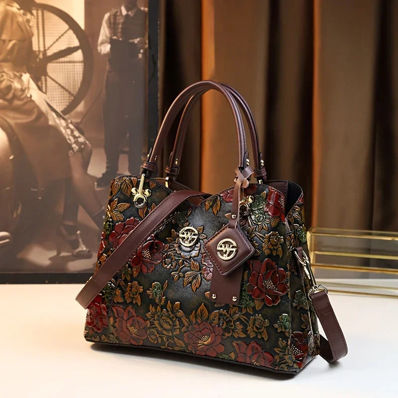 Vintage Floral Leather Tote – Luxury Fashion Crossbody Handbag for Women