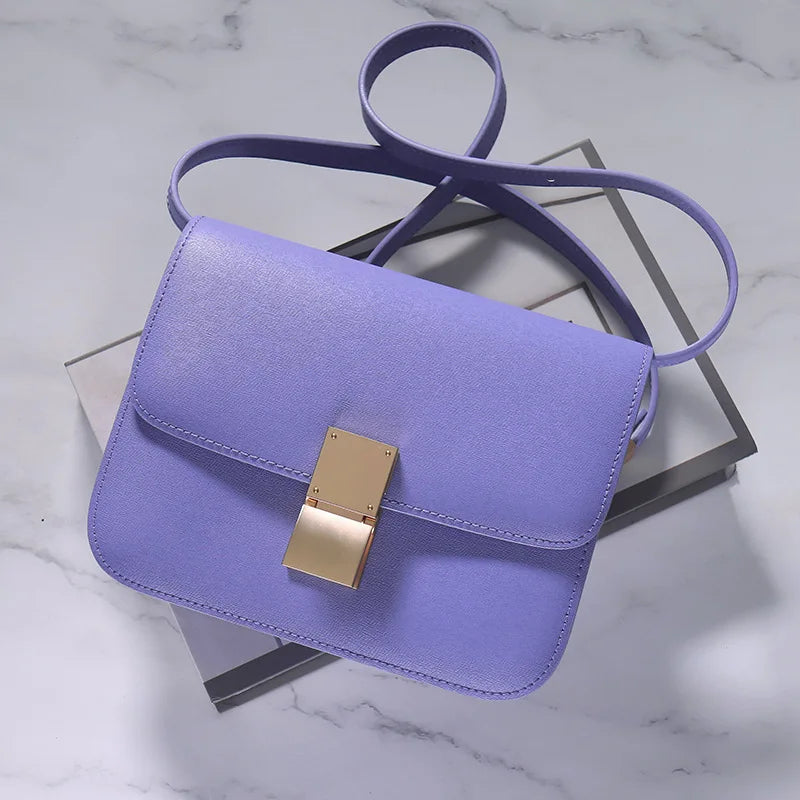 Genuine Leather Tofu Bag – Luxury Purple Shoulder & Crossbody Handbag for Women