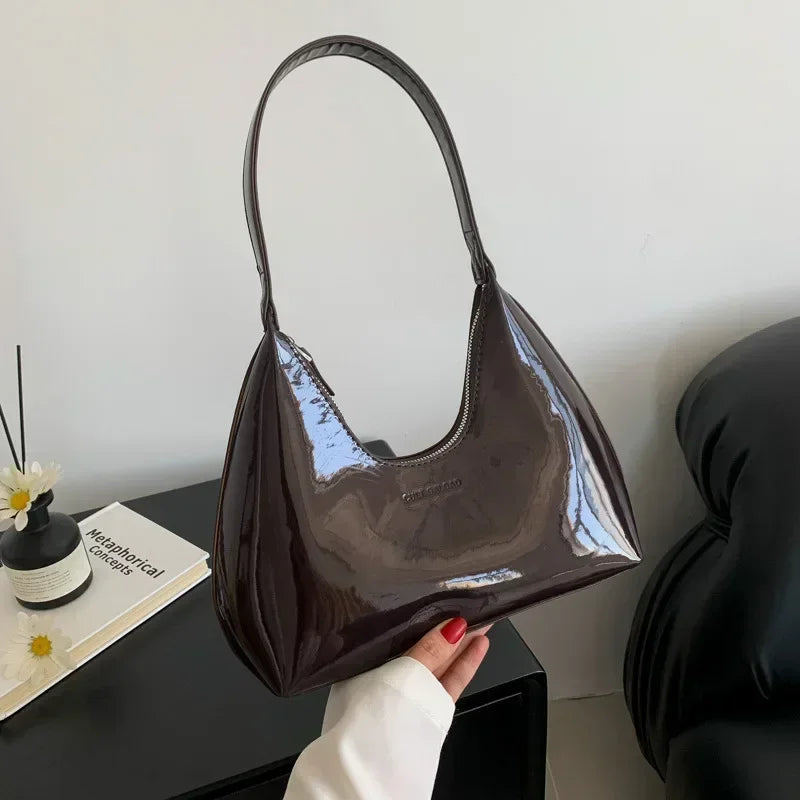 Trendy Patent Leather Shoulder Bag – Designer Underarm Tote for Women