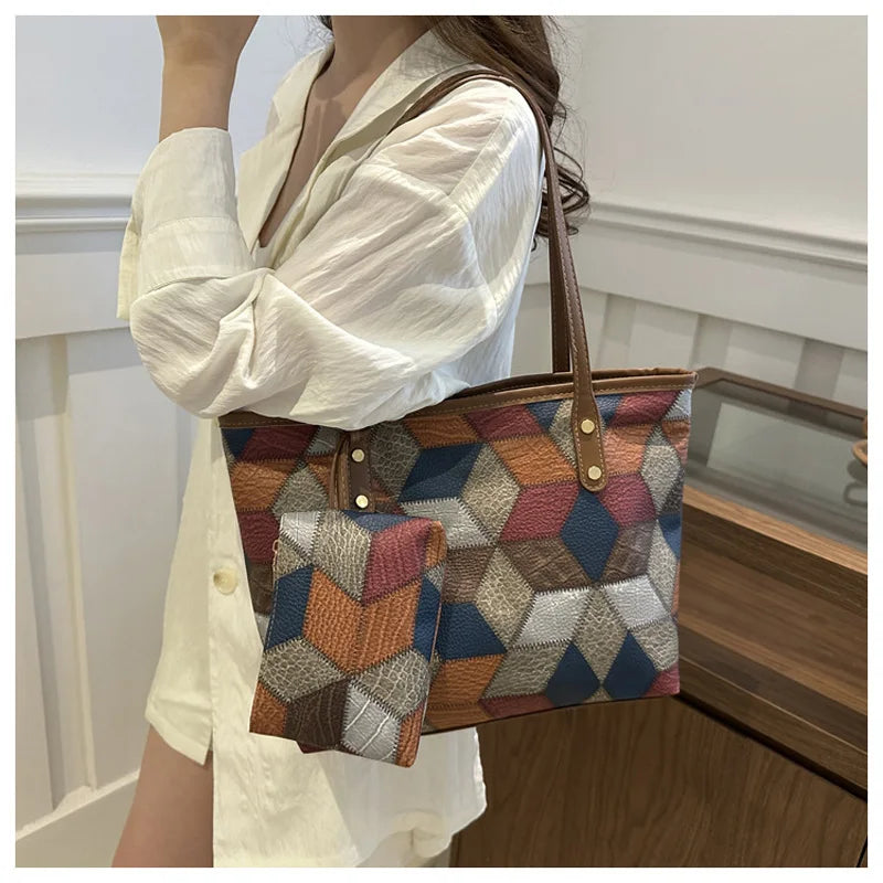Vintage Patchwork PU Tote – Large Capacity Casual Shoulder Bag for Women