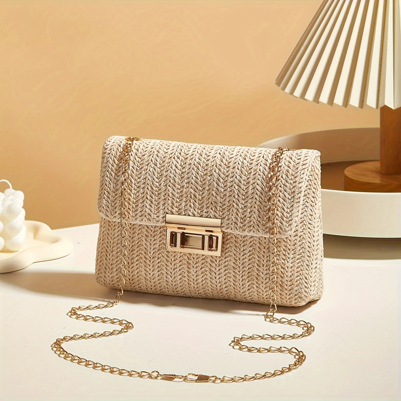 Woven Straw Shoulder Bag – Handwoven Solid Color Crossbody Purse with Lock Closure