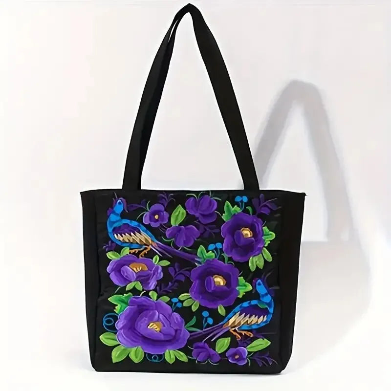 Ethnic Floral Embroidered Canvas Tote – Large Capacity Shoulder Bag for Women